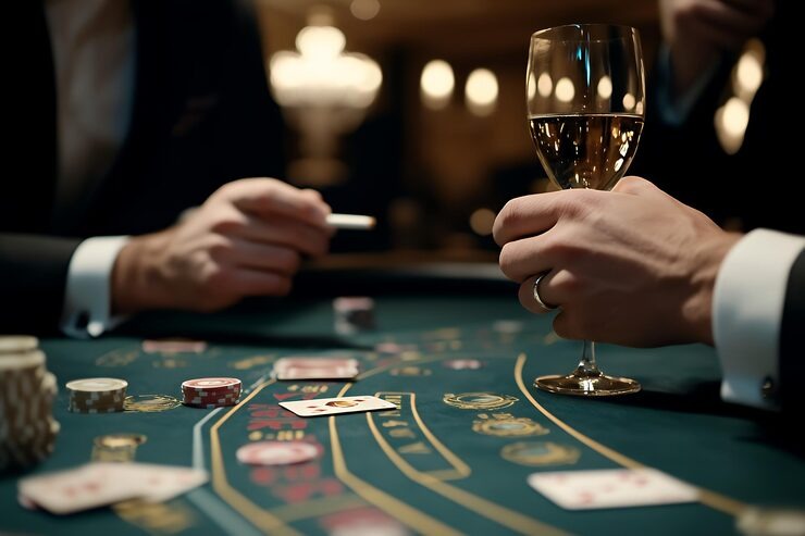 Close-up of Hood vs Wolf table layout with betting circles and chip denominations